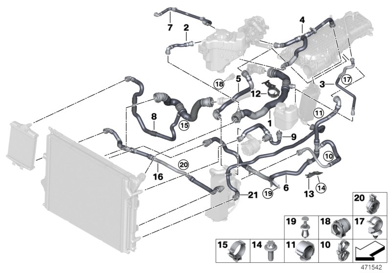 Шланги системы охлаждения для BMW F32 440i B58 (схема запчастей)
