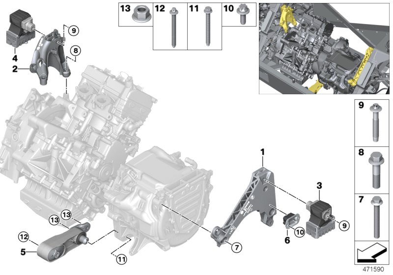 Подвеска двигателя и коробки передач для BMW I01N i3s 120Ah Rex XB4 (схема запчастей)