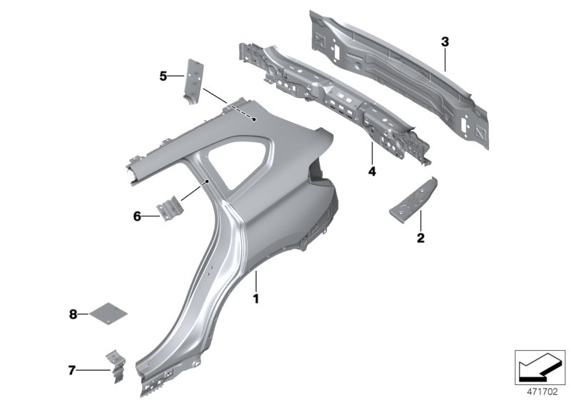 Крыло/облицовка задней части для BMW F48 X1 20i B48 (схема запчастей)
