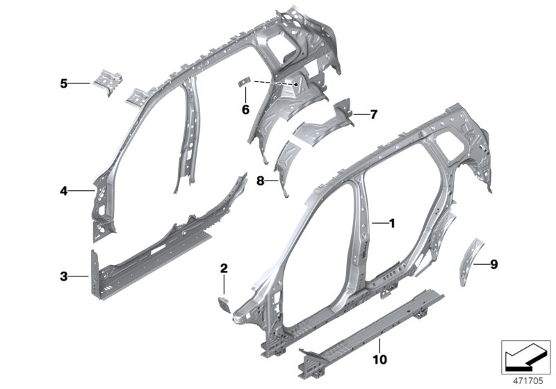 Детали бокового каркаса для BMW M13 Zinoro 60H/100H B38X (схема запчастей)