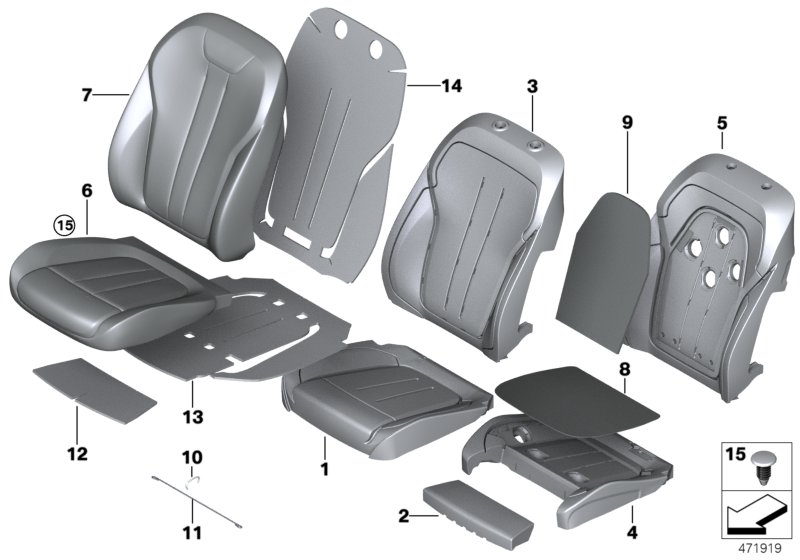 Набивка и обивка передн.сиденья для BMW G12 740LdX B57 (схема запчастей)