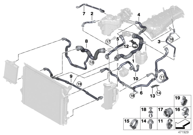 Шланги системы охлаждения для BMW F32 440i B58 (схема запчастей)