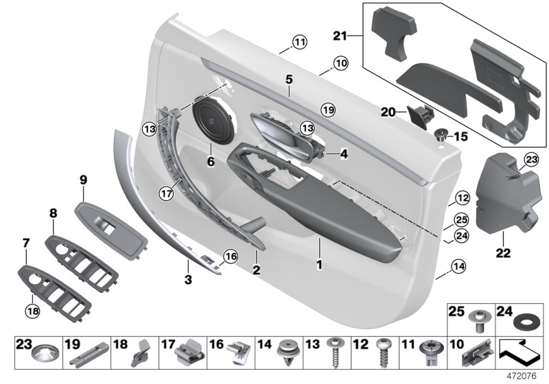 Доп.элементы обшивки передней двери для BMW F36N 420i B48 (схема запчастей)