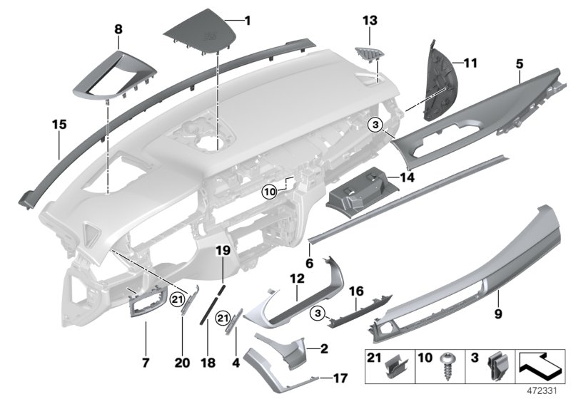 Доп.элементы панели приборов Вх для BMW F15 X5 25dX N47S1 (схема запчастей)