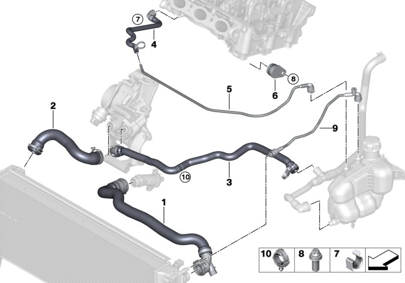 Шланги системы охлаждения для BMW F46 216i B38 (схема запчастей)