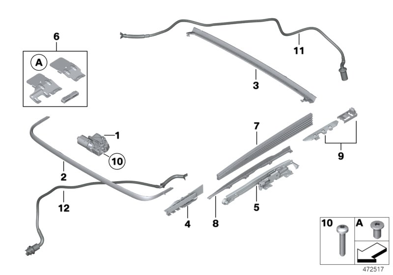 Детали люка с подъемно-сдвижной крышкой для BMW F10 530i N53 (схема запчастей)