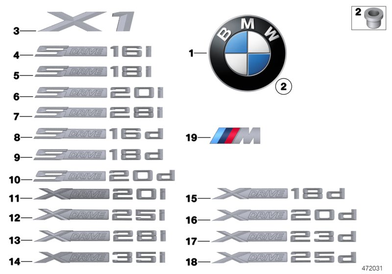 Эмблемы / надписи для BMW E84 X1 25iX N52N (схема запчастей)
