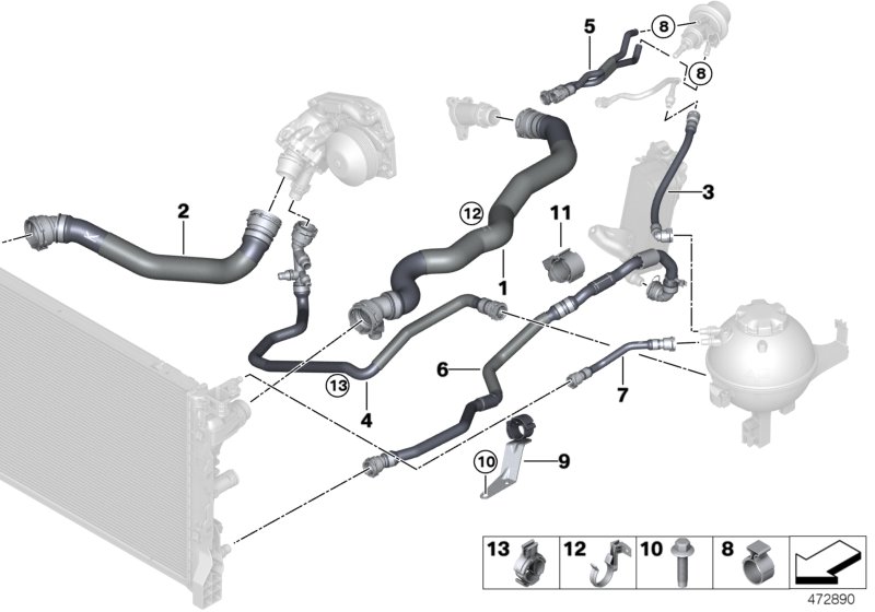 Шланги системы охлаждения для BMW G30 525d B47 (схема запчастей)