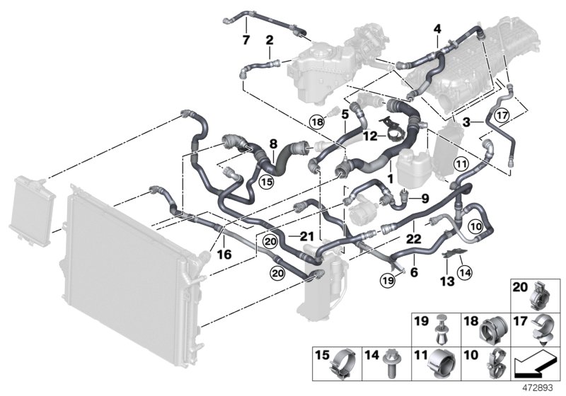 Шланги системы охлаждения для BMW F22 M240iX B58 (схема запчастей)