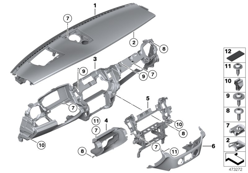 облицовка панели приборов для BMW RR6 Dawn N74R (схема запчастей)