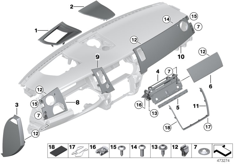Доп.элементы панели приборов Вх для BMW RR5 Wraith N74R (схема запчастей)