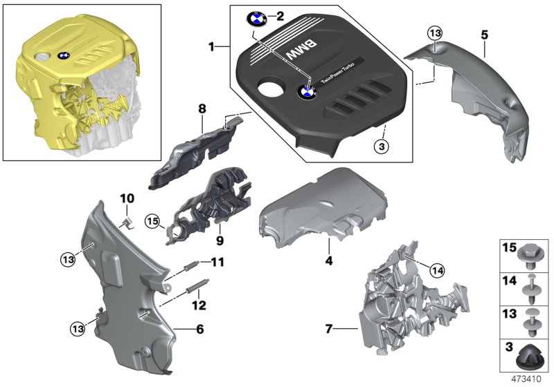 Звукоизоляционный кожух двигателя для BMW G30 525d B47 (схема запчастей)