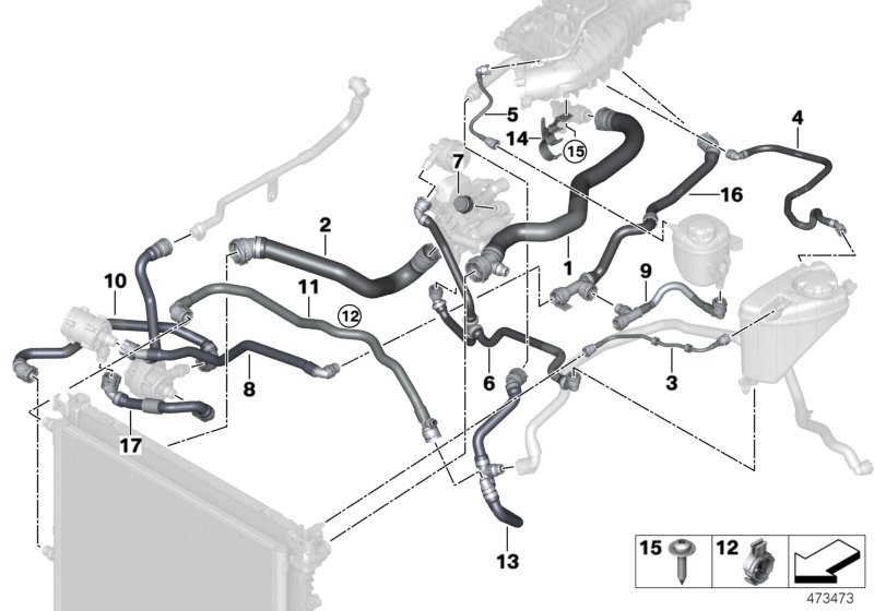 Шланги системы охлаждения для BMW G30 530eX B48X (схема запчастей)
