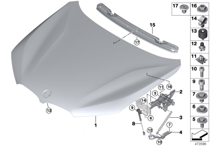 Капот/дополнительные элементы для BMW F48 X1 18i B38C (схема запчастей)