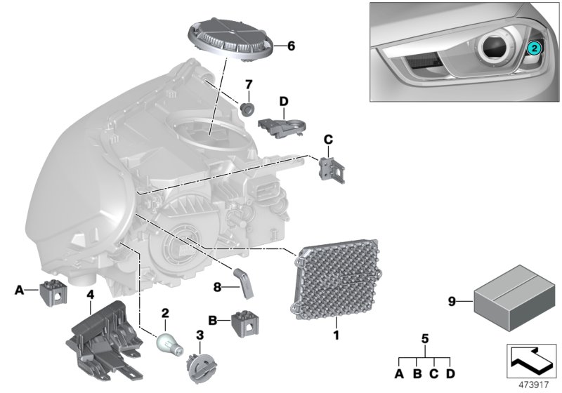 Детали светодиодной фары для BMW M13 Zinoro 60H/100H B38X (схема запчастей)