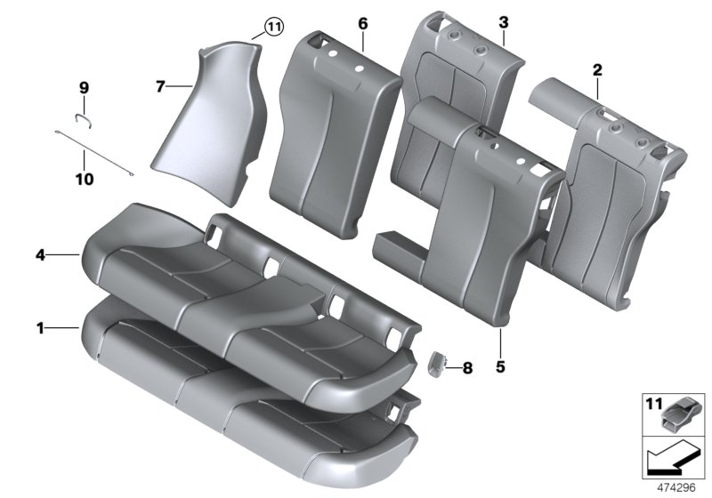 Набивка и обивка базового сиденья Зд для BMW F36 420i B48 (схема запчастей)