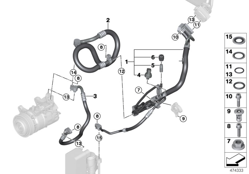 Трубопроводы хладагента для BMW F34N 330iX B48 (схема запчастей)