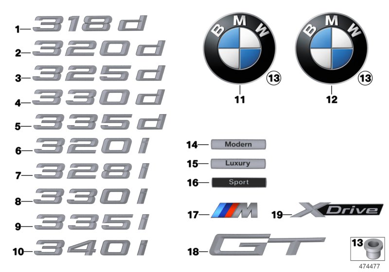 Эмблемы / надписи для BMW F34 328iX N20 (схема запчастей)
