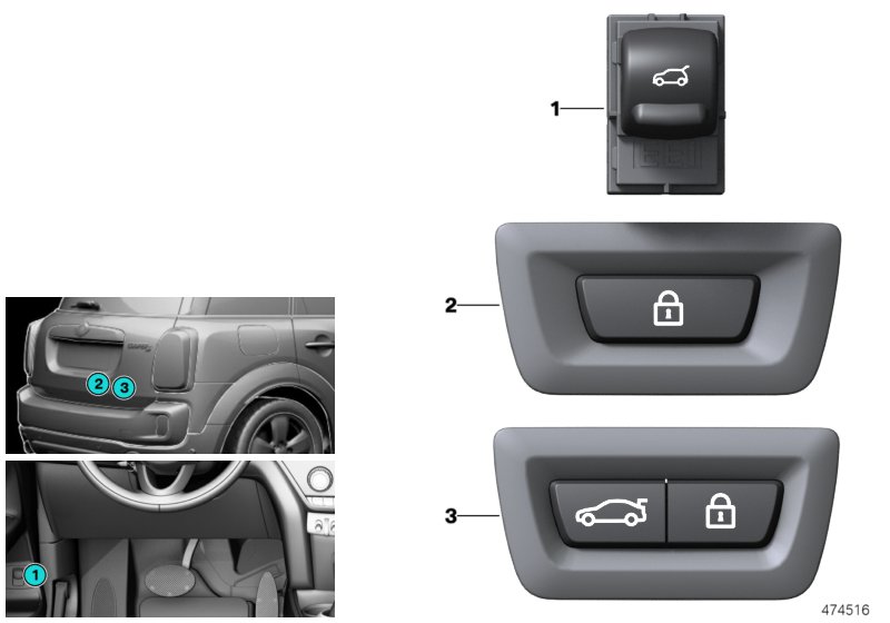 Переключатель привода крышки багажника для MINI F60 Cooper S ALL4 B46 (схема запчастей)