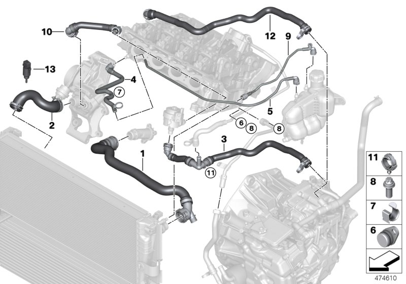 Шланги системы охлаждения для BMW F55 One First B38 (схема запчастей)
