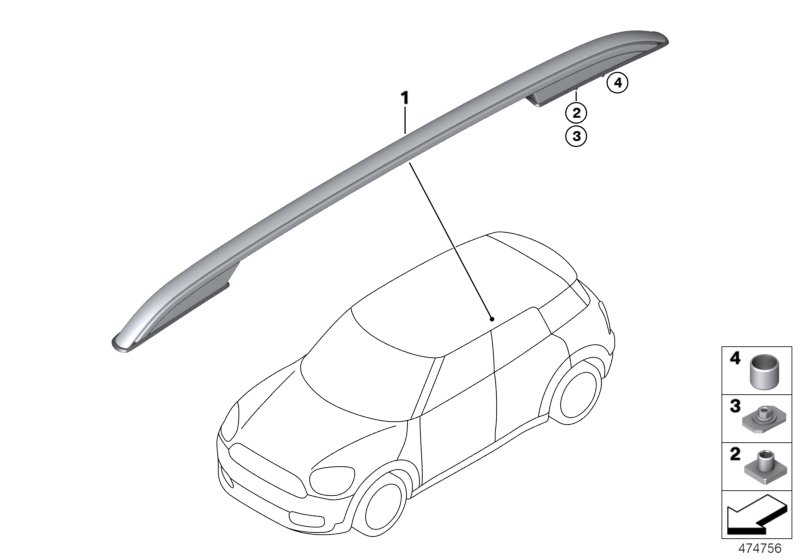 Дооснащение полозьями багажника на крыше для MINI F54 Cooper S B46 (схема запчастей)