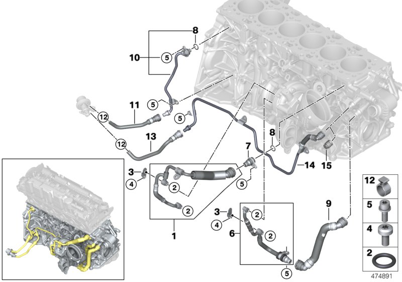 Система охлаждения турбонагнетателя/SCR для BMW G31 M550dX B57S (схема запчастей)