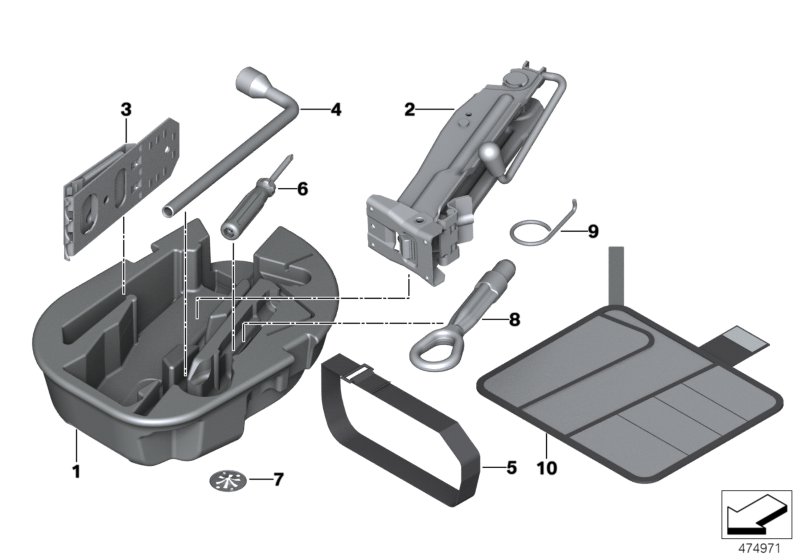 Бортовой инструмент/ домкрат для BMW F55 One D B37A (схема запчастей)