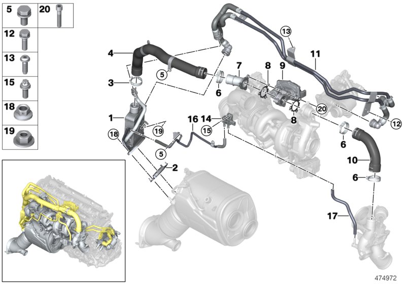 Система нейтрализации ОГ, охлаждение для BMW G11N 750dX B57S (схема запчастей)