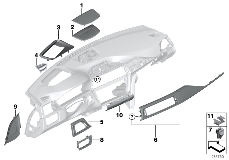 Доп.элементы панели приборов Вх для BMW F30 328i N20 (схема запчастей)