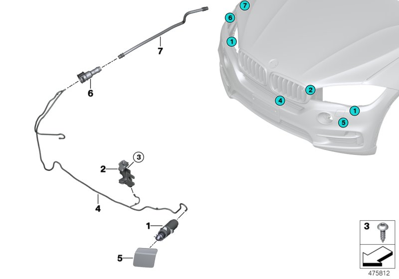 Детали системы омывателей фар для BMW F15 X5 40eX N20 (схема запчастей)
