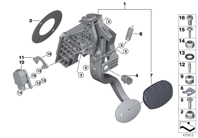 Педальный механизм АКПП для BMW F45 225xe B38X (схема запчастей)