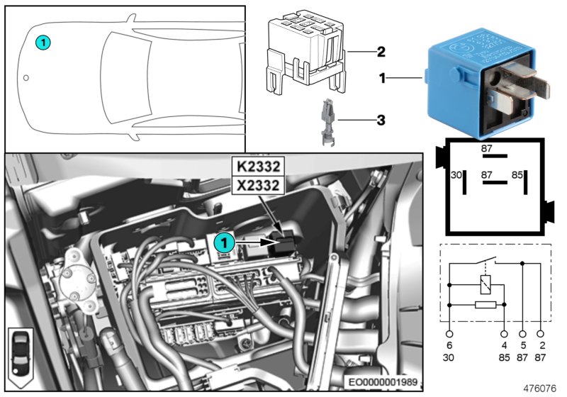 Реле насоса охлаждающей жидкости K2332 для BMW E70N X5 M50dX N57X (схема запчастей)