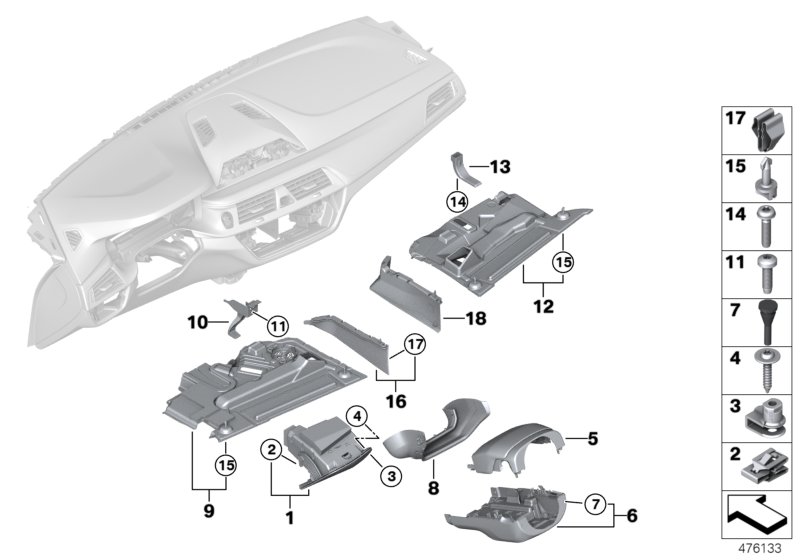 Доп.элементы панели приборов Нж. для BMW G30 520dX B47D (схема запчастей)