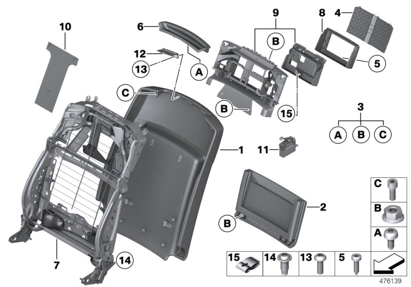 Сиденье Пд-каркас спинки/задняя панель для BMW RR1 Phantom EWB N73 (схема запчастей)