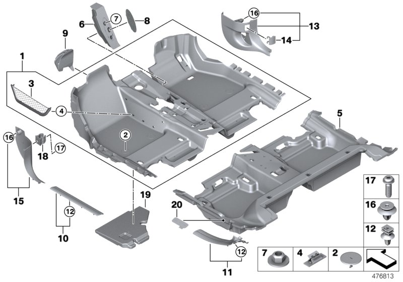 облицовка днища для BMW F54 One D B37B (схема запчастей)