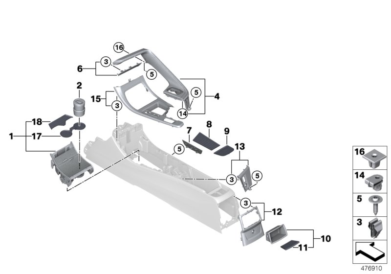 Доп.элементы центральной консоли для BMW F48 X1 25iX B48D (схема запчастей)