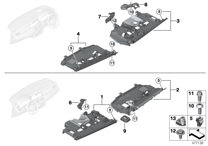 Доп.элементы панели приборов Нж. для BMW F07N 550iX 4.0 N63N (схема запчастей)