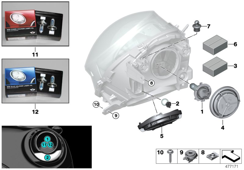 Детали галогенной фары для BMW F54 Cooper SD B47D (схема запчастей)