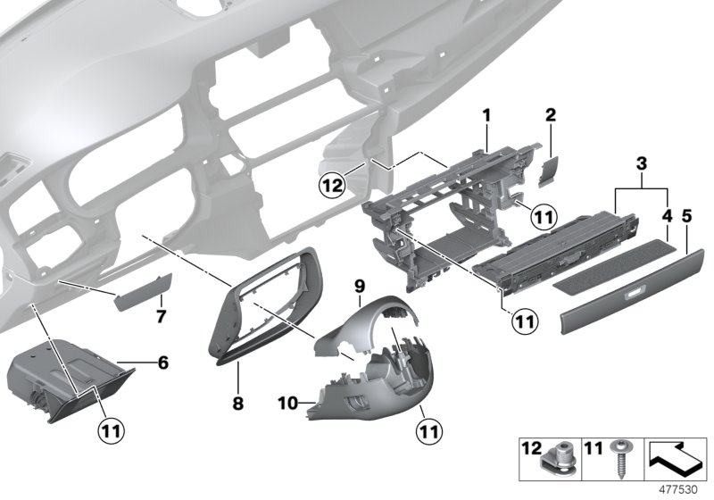 Доп.элементы панели приборов Нж. для BMW F07 520d N47N (схема запчастей)