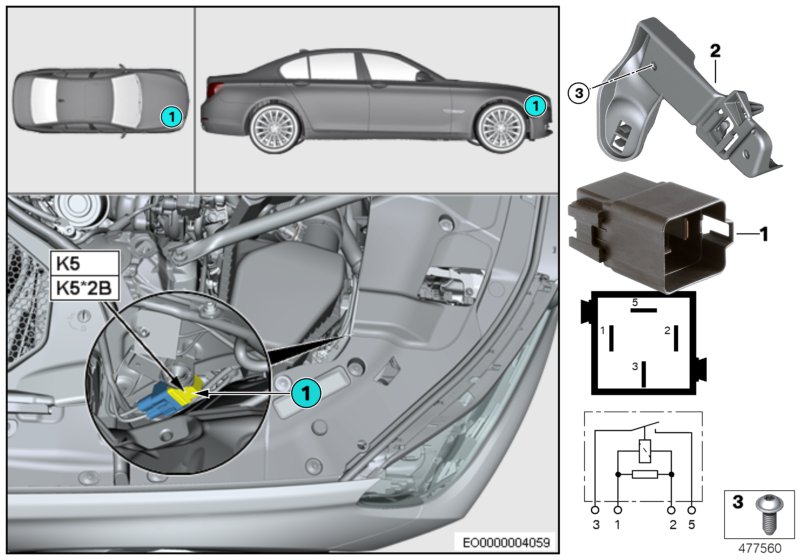 Реле электровентилятора двигателя K5 для BMW G11 740e B48X (схема запчастей)