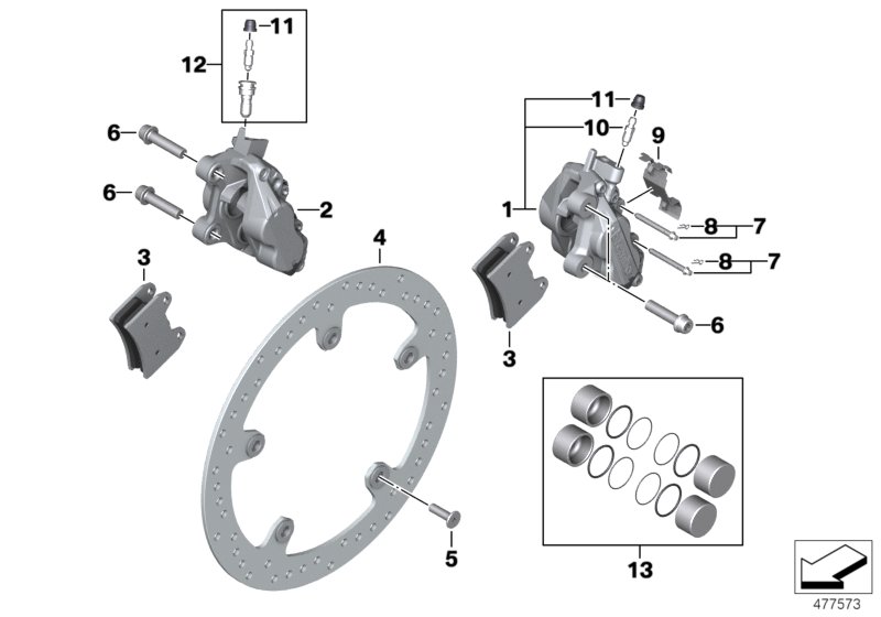 Тормозной механизм переднего колеса для BMW K22 R nineT Pure (0J11, 0J13) 0 (схема запчастей)