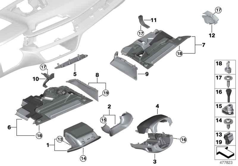 Доп.элементы панели приборов Нж. для BMW G12N 730Li B48D (схема запчастей)