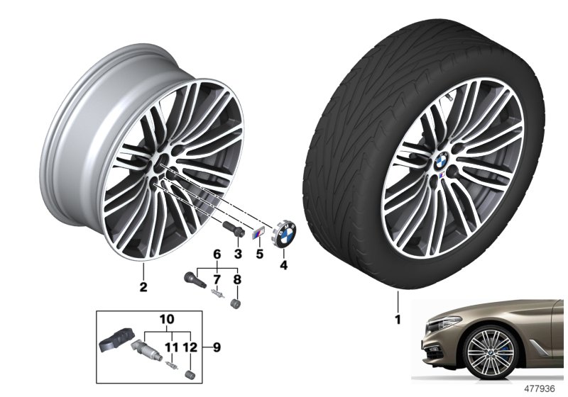 BMW ЛМ колесо сдвоенные спицы 664M - 19" для BMW G30 530e B46X (схема запчастей)