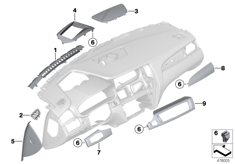 Доп.элементы панели приборов Вх для BMW F26 X4 20dX B47 (схема запчастей)