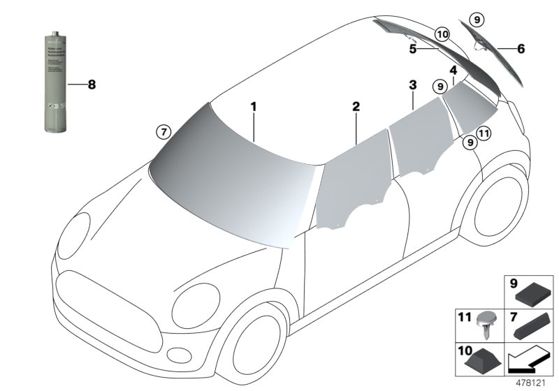 Остекление для BMW F54 Cooper S B48 (схема запчастей)