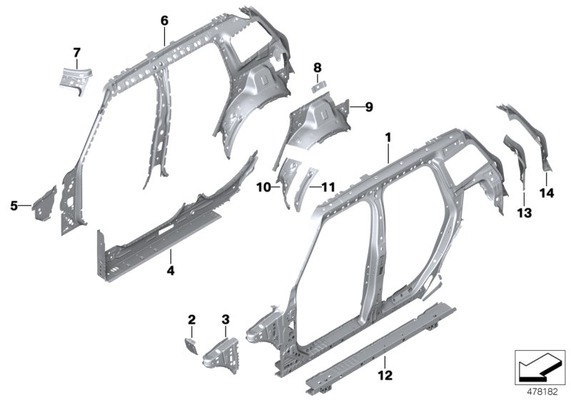 Детали бокового каркаса для BMW F60 One D B37 (схема запчастей)