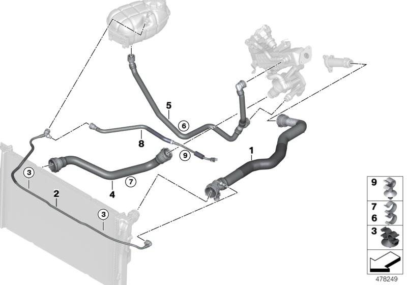 Шланги системы охлаждения для BMW F20N 116d ed B37 (схема запчастей)