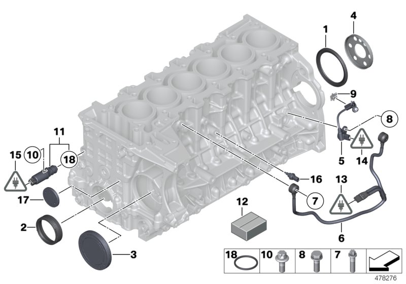 Блок цилиндров/дополнительные элементы для BMW F07N 535iX N55 (схема запчастей)