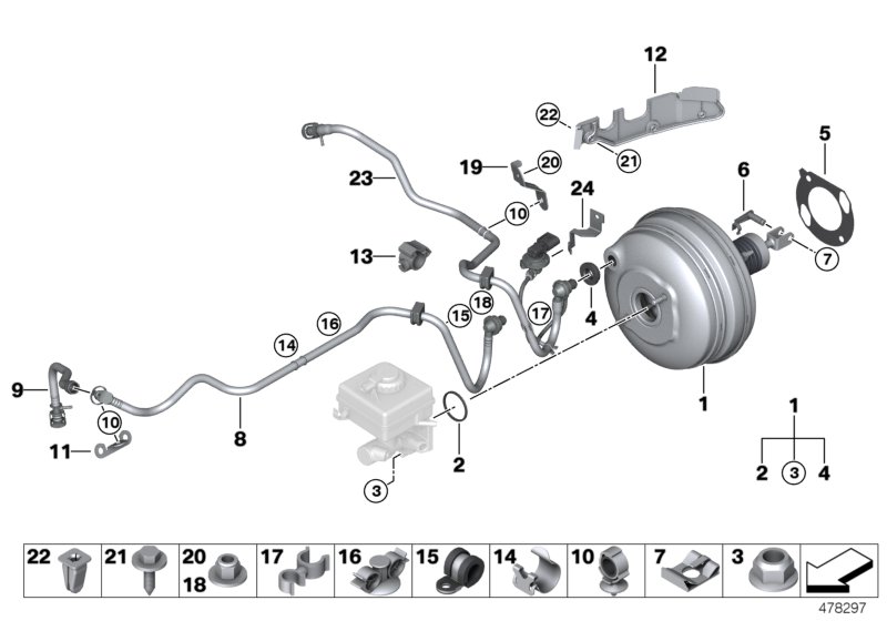 Вакуумный усилитель тормозов для BMW E60N 530i N53 (схема запчастей)