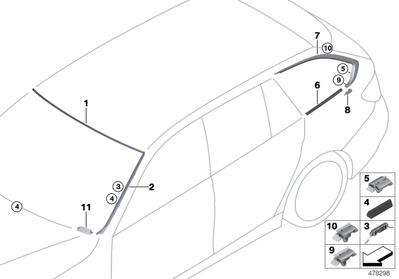 Остекление, дополнительные элементы для BMW F31N 318dX B47 (схема запчастей)
